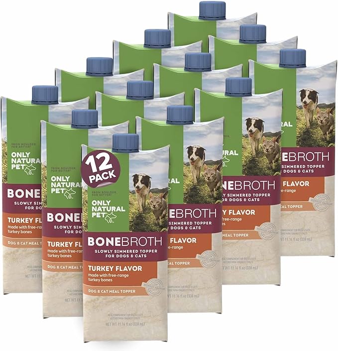 Only Natural Pet Bone Broth Turkey Flavor Dog &amp; Cat Meal Topper, 100% Human-Grade Slow-Simmered, Free-Range for Dry Food or to Hydrate Dehydrated Food - (12-Pack / 11.16 oz Each)
