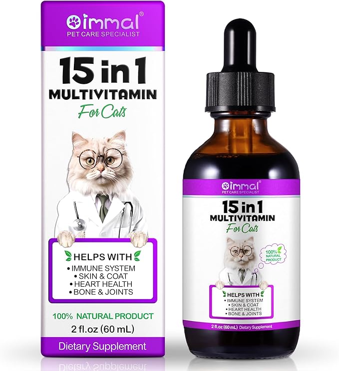 15-in-1 Multivitamin Drops for Cats - Immune Support, Skin &amp; Coat Health, Digestion, Joint Care - with Vitamins A, B, C, D, E - Liquid Supplement for All Life Stages, Easy to Use, 2 fl.oz