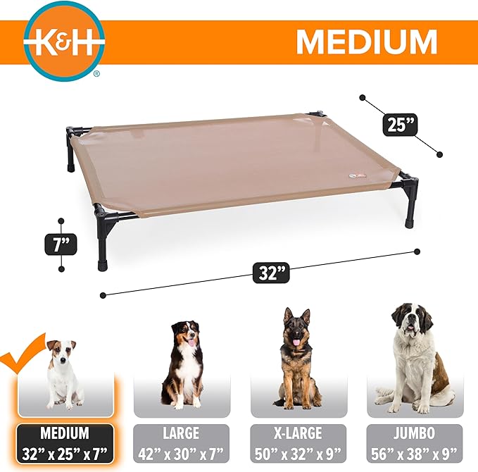 K&amp;H Pet Products Cooling Elevated Dog Bed, Outdoor Raised Cot with Waterproof Breathable Mesh for Medium Dogs, Portable Place Bed with Heavy-Duty Metal Frame &amp; Hammock Style Cover - Medium Tan