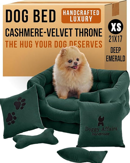 Luxury Dog Bed Chesterfield – Handcrafted Velvet Throne for Dogs | Joint Support, Calming &amp; Temp-Regulating Comfort | Durable 5+ Years, Anti-Claw, Washable 100+ Times – XS, Green