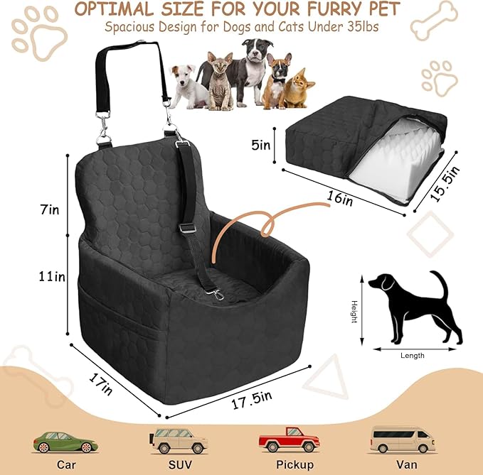 Dog Car Seat for Small/Medium Dogs - Dog Booster Seat with Safety Straps &amp; Non-Slip Base, Travel Pet Car Seat with Storage Pockets, Washable &amp; Removable, Suitable for Dogs Under 35 lbs (Black)