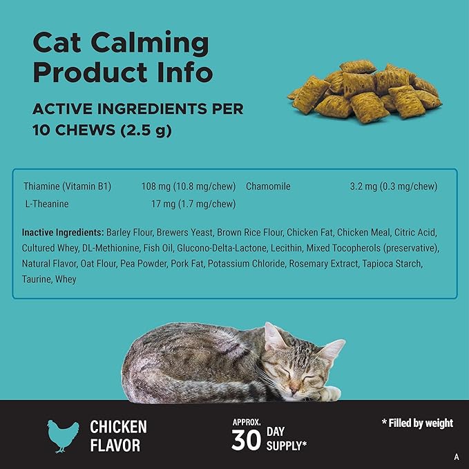 Calming Chews for Cats - Cat Anxiety Relief + Helps Reduce Stress - Behavioral Support &amp; Promotes Relaxation for Travel, Boarding, Vet Visits, Separation Anxiety - Chicken (30-Day Supply)
