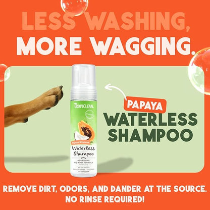 TropiClean No Rinse Waterless Dog Shampoo | Detangling &amp; Deodorizing Dry Shampoo for Smelly Pets | Moisturizes Dry Skin | USA Made | Papaya Scent | 7.4oz