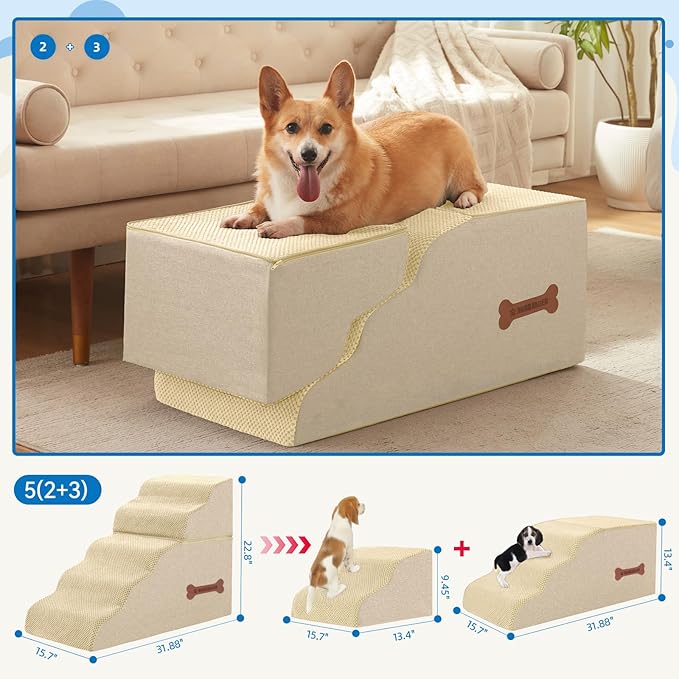 5-Step Spliceable Pet Stairs: Indoor&amp; Outdoor Multi-Use with a Removable Cover and a Pocket, Best for Small Pets and Older Dogs Who Has Spine and Arthritis Issues to Get on High Beds, Beige（22.8" H）