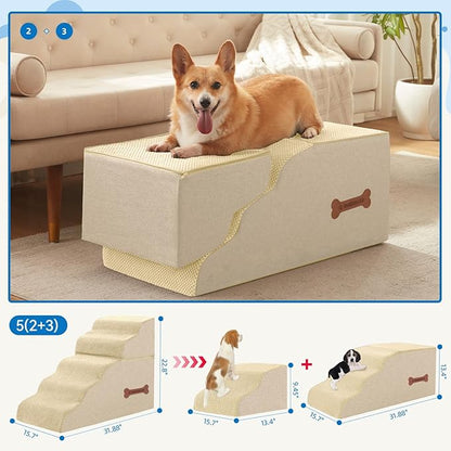 5-Step Spliceable Pet Stairs: Indoor&amp; Outdoor Multi-Use with a Removable Cover and a Pocket, Best for Small Pets and Older Dogs Who Has Spine and Arthritis Issues to Get on High Beds, Beige（22.8" H）