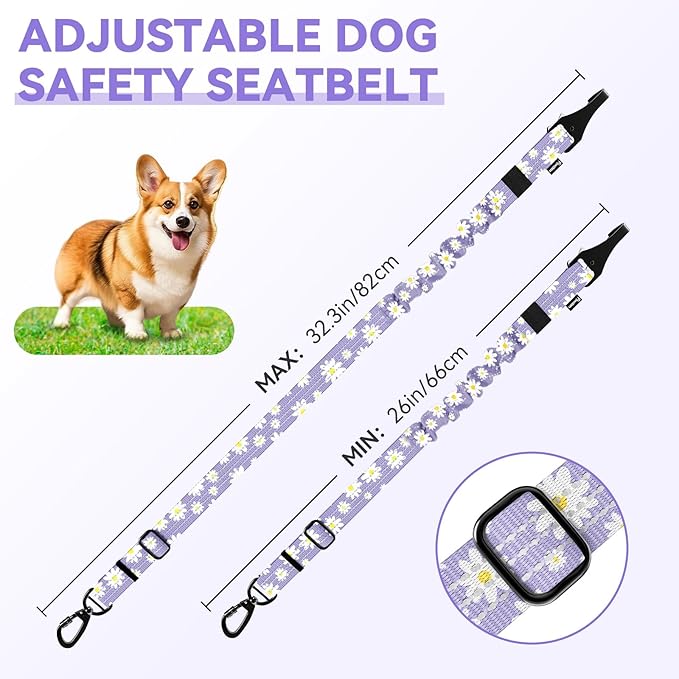 Pawaboo 2Pack Dog Seatbelt for Car, 3-in-1 Dog Car Seat Belt Bungee, Dogs Tether for Cars with Buckle &amp; Hook Latch, Adjustable Reflective Dogs Cars Harness Leash with 360° Lockable Buckle,Light Purple