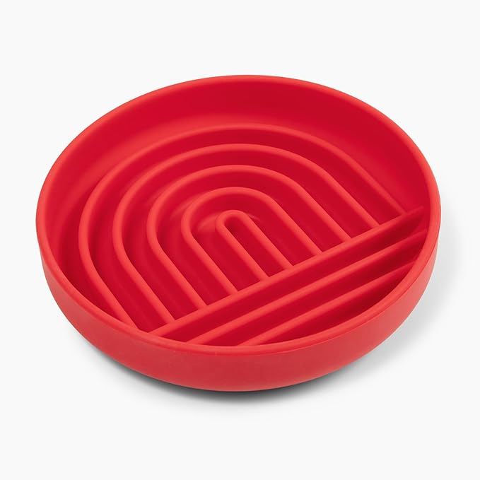 The Slowdown Bowl Silicone Slow Feeder for Dogs &amp; Puppies, Slow Eating, Modern Lick Mat Design, Reduces Gulping, Fits 2 Cups 7.5” Across x 1.5” Tall, Mealtime Challenge, Medium-Cherry