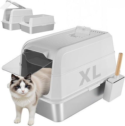 Stainless Steel Litter Box with Lid, XL Extra Large Cat Litter Box, Enclosed Metal Litter Pan with High Sided Enclosure &amp; Scoop, Anti Leakage, Easy to Clean, Odor Control (White)