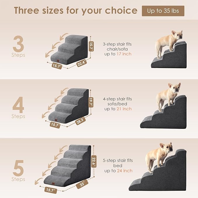 EHEYCIGA Curved Dog Stairs Ramp for Small Dogs 15.7" H, 3-Step Dog Steps for Couch Sofa and Chair, Pet Stairs for Cats, Non-Slip Balanced Pet Steps Indoor, Grey