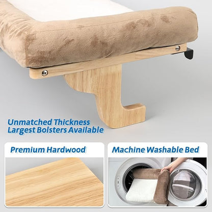 Cat Perch for Window Sill with Bolster - Orthopedic Hammock Design with Premium Hardwood &amp; Robust Metal Frame - Cat Window Seat for Large Cats and Kittens - Natural Color Wood with Brown Bed