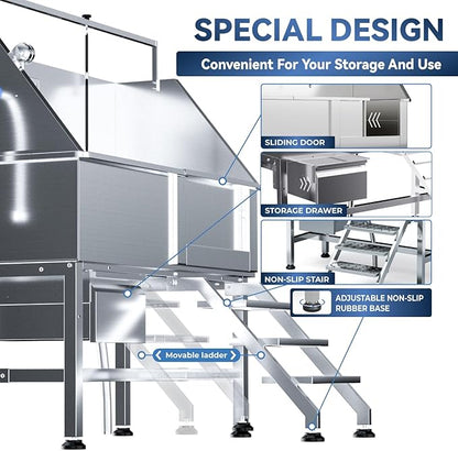 Professional 46" Dog Washing Station, Stainless Steel Dog Bathing Station, Height Adjustable Dog Wash Station, Storage Drawer, Upgrade Parts, Home, Commercial (Right Step)
