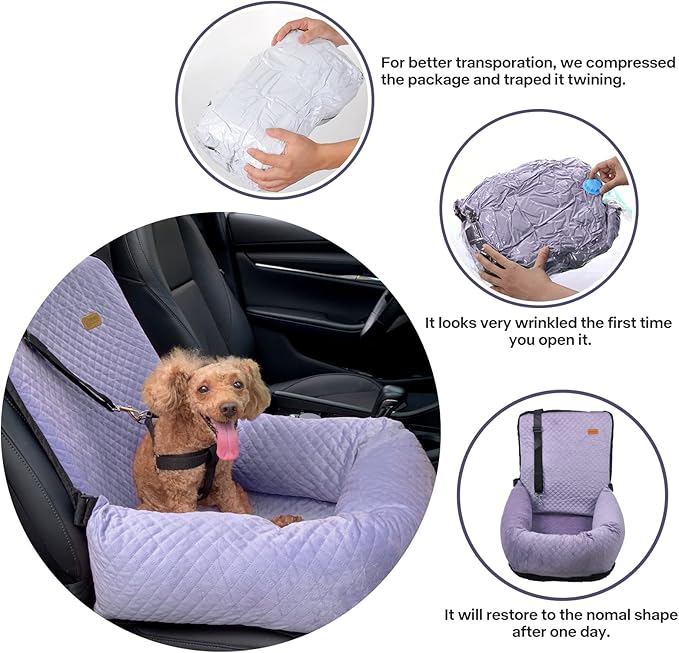 Dog Car Seat for Small Medium Dogs Up to 40lbs, Detachable Washable Soft Pet Booster Travel Bed for Front &amp; Purple Seat with Safety Leash Belt