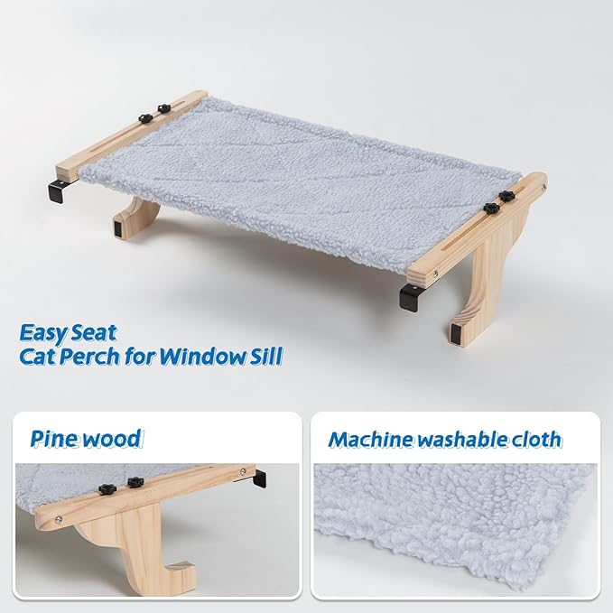Easy Seat Cat Perch for Window Sill - Hammock Design w/Pine Wood &amp; Robust Metal Frame - Cat Window Seat for Large Cats and Kittens (Natural Color Wood w/Gray Bed, Medium (23&