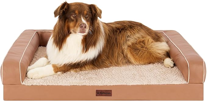 FurHaven Orthopedic Dog Sofa Bed – Memory Foam Couch with Bolsters, Textured Plush &amp; Water-Resistant Cover, Washable Cover, Joint Support - Camel, Jumbo