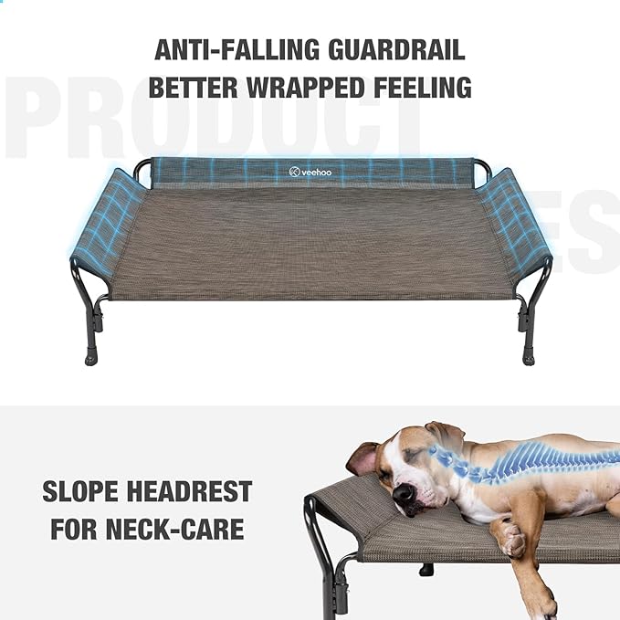 Veehoo Cooling Elevated Dog Bed, XL Raised Pet Cot with Guardrail &amp; Slope Headrest, Durable Breathable Teslin Mesh, Non-Slip Feet, Washable Dog Couch Bed for Indoor &amp; Outdoor, 50.5" x 33.5, Brown