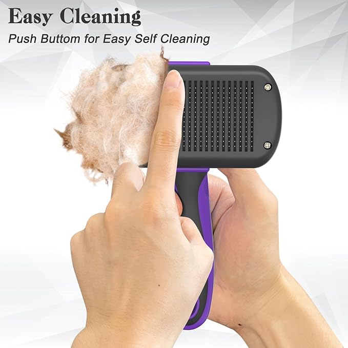 Self Cleaning Cat &amp; Dog Grooming Brush - Skin Friendly Deshedding Hair Brush for Haired Dogs &amp; Puppies, Purple
