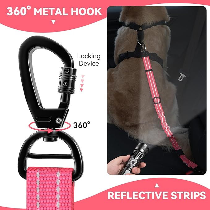 Pawaboo 2Pack Dog Seatbelt for Car, 3-in-1 Dog Car Seat Belt Bungee, Shockproof Dog Tether for Car with Buckle &amp; Hook Latch, Adjustable Reflective Dog Harness Leash with 360° Lockable Buckle, Pink