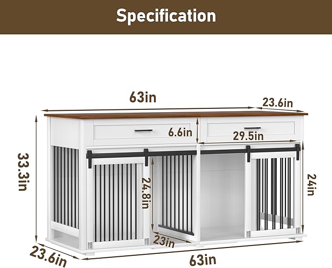 MUPATER 63" L x 23.6" W x 33.3" H Double Wooden Dog Cage Table with 2 Large Drawers &amp; Safety Locks, Large Dog Crate Furniture for 2 Dogs with Removable Divider, Decorative Indoor Dog Kennel Furniture