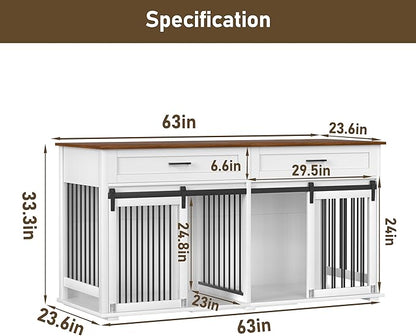 MUPATER 63" L x 23.6" W x 33.3" H Double Wooden Dog Cage Table with 2 Large Drawers &amp; Safety Locks, Large Dog Crate Furniture for 2 Dogs with Removable Divider, Decorative Indoor Dog Kennel Furniture