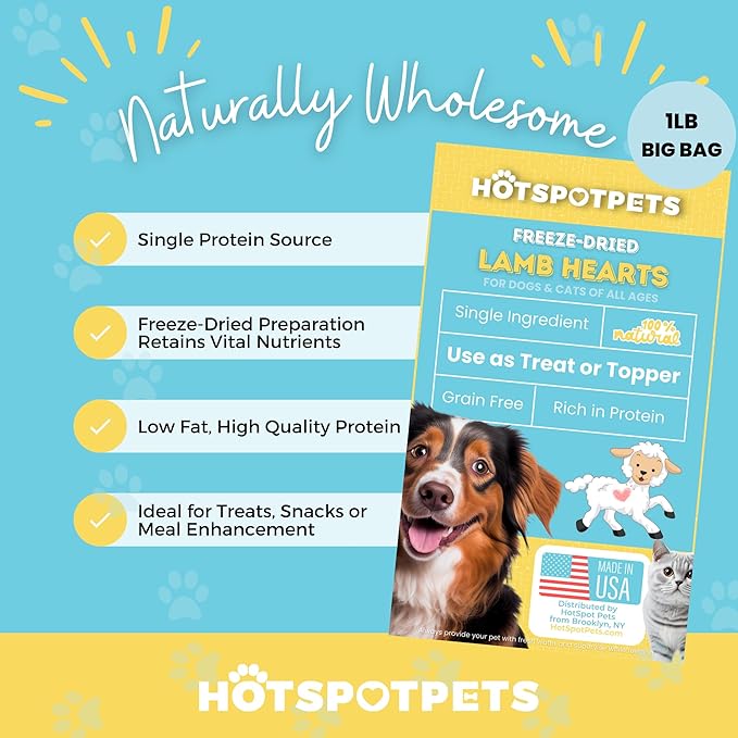 hotspot pets Freeze Dried Lamb Heart Treats for Cats &amp; Dogs - 1LB Big Bag- Single Ingredient All Natural Grain-Free - Perfect for Training, Healthy Topper or Snack - Made in USA
