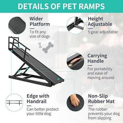 Dog Ramp, 5 Level Adjustable Height Folding Pet Ramp for High Bed, Portable Paw Ramps Large Bed Ramp for Medium &amp; Large Old Dogs &amp; Cats - Natural Wood Furniture Quality