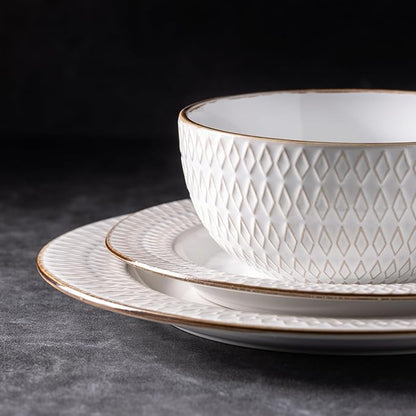 GBHOME Ceramic Dinnerware Sets,18 pcs Embossed Elegant Stoneware Plates and Bowls Sets, Housewarming Wedding Gift | Dishwasher &amp; Microwave Safe | Dishes Set Service for 6