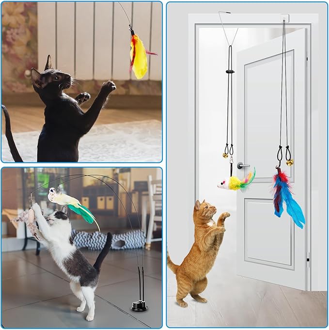 ZooZoo 14PCS Interactive Cat Feather Toy Set for Indoor Cats, Active Play Kit with Door Hanging Toy, Double-Sided Suction Cat Wand with Feathers, Mice &amp; Fur Balls, Encourages Hunting, Jumping, Chasing