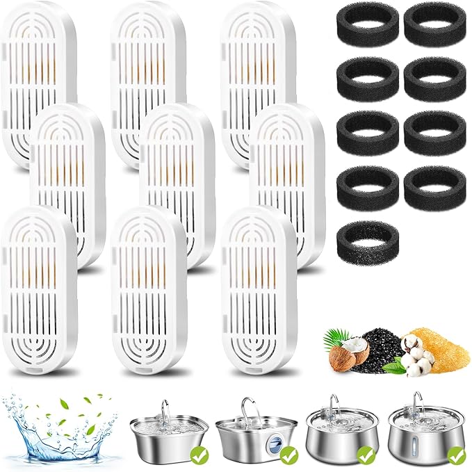 Cat Water Fountain Filters, 9 Pack Replacement Filters &amp; Replacement Pre-Filter Sponges for Stainless Steel Pet Fountain with Water Level Window, Fountain Carbon Filters for Dog Water Dispenser Bowl