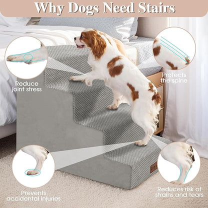 GGIB Non-Slip Pet Stairs for Small Dogs &amp; Cats - 4-Step, Removable Washable Cover, Light Grey, 17" H
