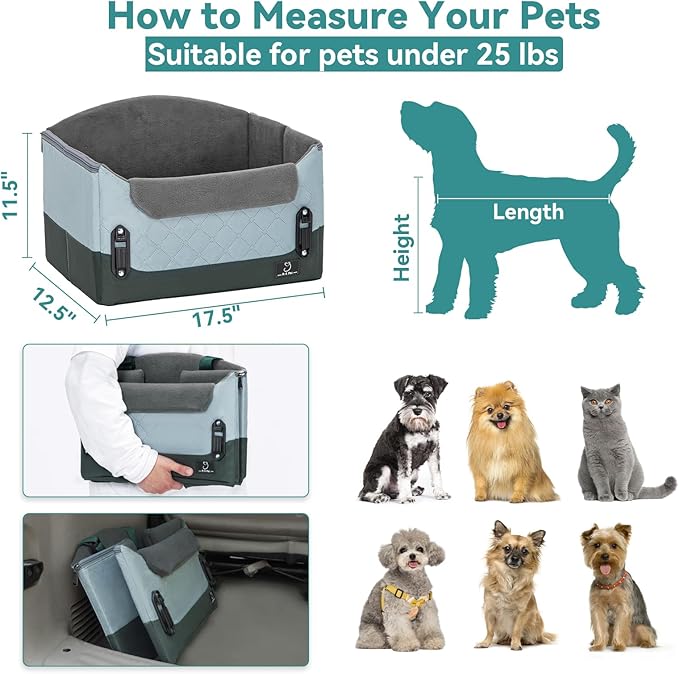 A 4 Pet Dog Car Seats for Small Dogs, Booster Car Seat with Patent Buckles &amp; Clip-On Safety Leash, Pet Seat for Puppy Small Dogs Cats Under 25 Lbs, Green