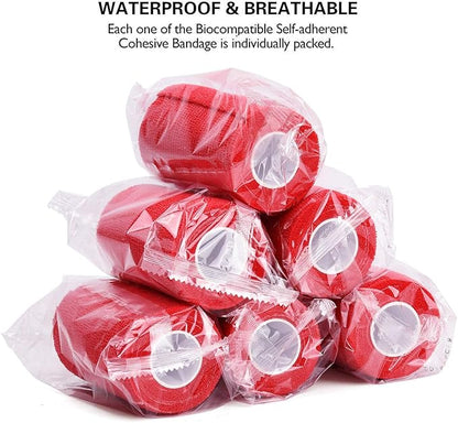 TOBWOLF 12PCS Self Adhesive Bandage, 4" x5yd / 10cmx4.5m Elastic Cohesive Bandage Wrap, Breathable Sports Tape, Medical Sport Wrap for Wrist, Ankle, Knee, Leg, Sprains &amp; Swelling - Red