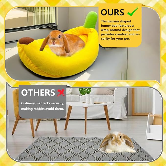 Rabbit Bed,Bunny Bed,Thick&amp;Soft with Removable Mat,Machine Washable Guinea Pig Cushion,Cozy Rabbi Plush House,Warm Small Animal Sleeping Beds(Yellow Banana Shape-L)