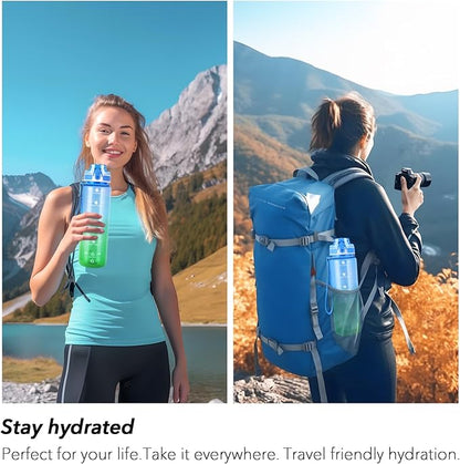 32oz Motivational Water Bottles with Time Marker &amp; Fruit Strainer, Transparent Gradient Color Water Bottle with Times to Drink, Leakproof &amp; BPA Free, Reusable Bottle with Strap (No Straw)