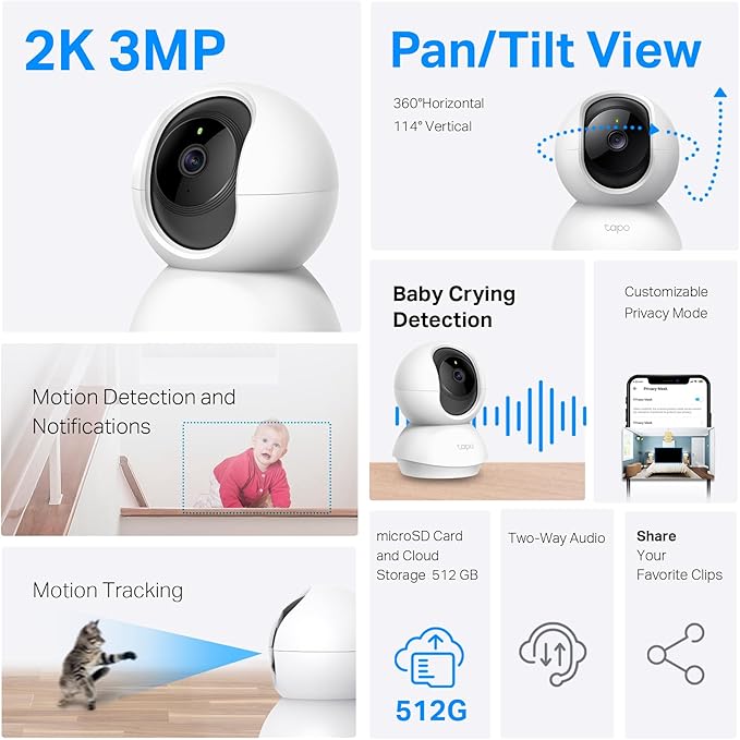 TP-Link Tapo 2K Pan/Tilt Security Camera for Baby Monitor, Dog Camera w/Motion Detection, 2-Way Audio, Siren, Night Vision, Cloud &amp; SD Card Storage, Works with Alexa &amp; Google Home, 2-Pack (C210P2)