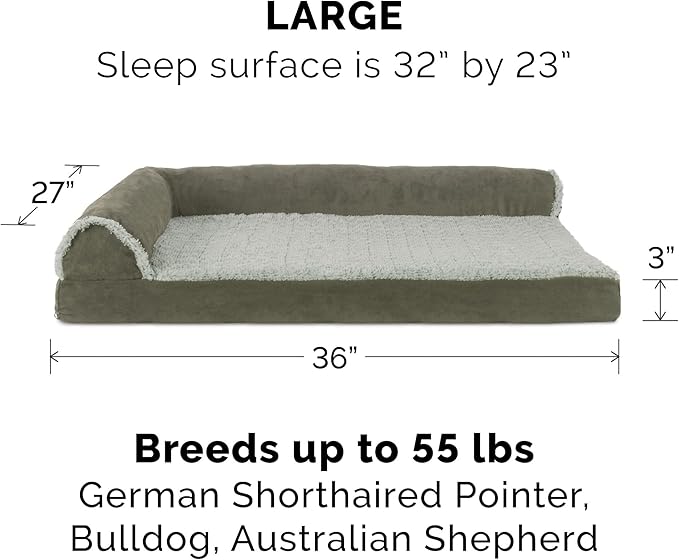 Furhaven Cooling Gel Dog Bed for Large/Medium Dogs w/ Removable Bolsters &amp; Washable Cover, For Dogs Up to 55 lbs - Two-Tone Plush Faux Fur &amp; Suede L Shaped Chaise - Dark Sage, Large