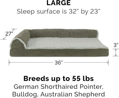 Furhaven Cooling Gel Dog Bed for Large/Medium Dogs w/ Removable Bolsters &amp; Washable Cover, For Dogs Up to 55 lbs - Two-Tone Plush Faux Fur &amp; Suede L Shaped Chaise - Dark Sage, Large