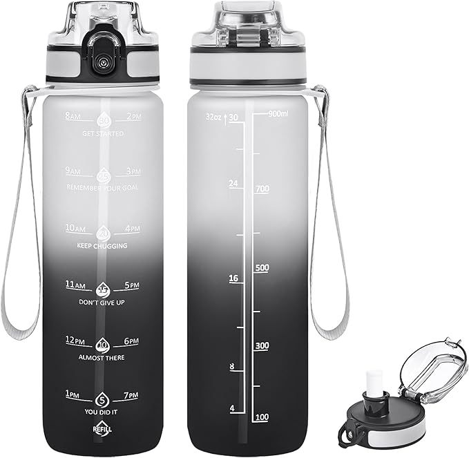 32oz Motivational Water Bottles with Time Marker &amp; Fruit Strainer, Transparent Gradient Color Water Bottle with Times to Drink, Leakproof &amp; BPA Free, Reusable Bottle with Strap (No Straw)