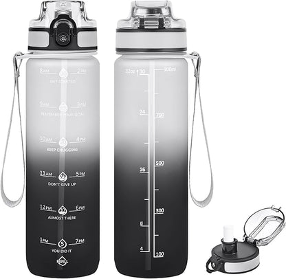 32oz Motivational Water Bottles with Time Marker &amp; Fruit Strainer, Transparent Gradient Color Water Bottle with Times to Drink, Leakproof &amp; BPA Free, Reusable Bottle with Strap (No Straw)