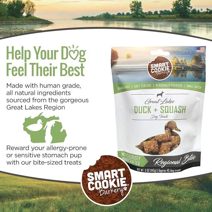 Smart Cookie All Natural Dog Treats - Duck &amp; Squash - Training Treats for Dogs &amp; Puppies with Allergies, Sensitive Stomachs - Soft Dog Treats, Chewy, Grain Free, Made in USA - 5oz, Pack of 3