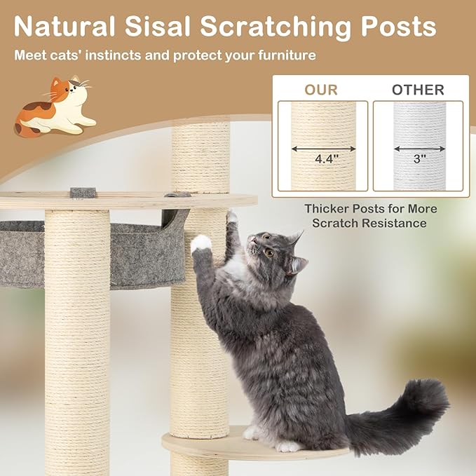 Tangkula Wood Cat Tree, 59 Inch Multi-Level Cat Tower with Top Padded Perch, Hammock, 3 Platforms &amp; Sisal Scratching Posts, Large Modern Cat Tree Tower for Indoor Cats Kittens (59 Inch)