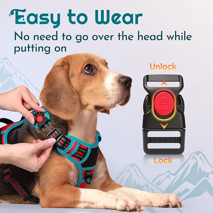 Eagloo Dog Harness for Large Dogs, Easy Wearing with 3 Buckles, Adjustable No Pull Pet Harness with 2 Rings for Walking, No Chock Reflective Soft Padded Vest with Control Handle, Red &amp; Teal, XL