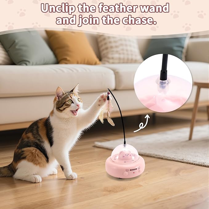 Automatic Cat Toys with Feathers, Interactive Cat Toy for Indoor Exercise, Rechargeable Teasing Toys for Indoor Cats, USB Powered, Smart Standby&amp;Obstacle Avoidance(Pink)