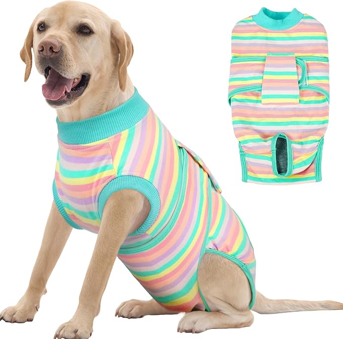 FUAMEY Recovery Suit for Dogs After Surgery,Soft Breathable Dog Bodysuit E-Collar &amp; Cone Alternative Surgical Suit,Male Female Dog Neuter Spay Suits Anti Licking Wounds Onesie Mint Green Stripes XL