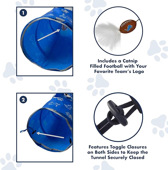 NFL Detroit Lions Cat Tunnel Tube Toy with Plush Football Catnip and Feathers Collapsible Tunnel for Cats to Play, Peek and Hide, Sporty &amp; Fun Cat Tunnel Toy with Team Logo All-Over Design!