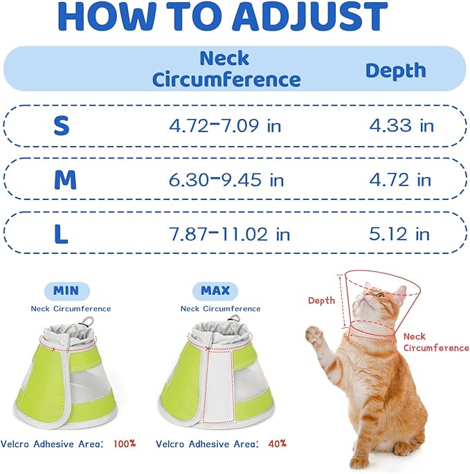 Breathable Air Mesh Cat Cone Collar Soft to Stop Licking, Adjustable, Foldable Lightweight Kitten Cones After Surgery Recovery for Cats &amp; Kittens (Yellow Green,L)