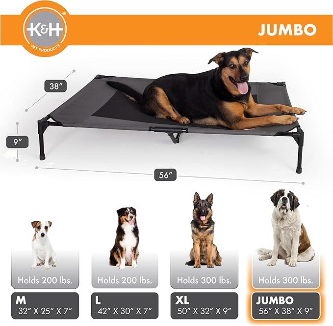 K&amp;H Pet Products Outdoor Elevated Dog Cot, Breathable Cooling Elevated Cot Hammock Pet Bed for XL Dogs, Washable Mesh Cover, Raised Metal Frame, Collapsible, Portable - Jumbo 56 X 38in Charcoal