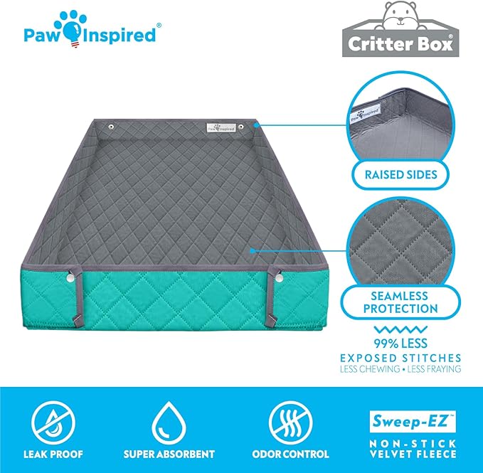 Paw Inspired Critter Box Washable Cage Liner, Reversible Fleece Bedding with Raised Sides for Guinea Pigs and Other Small Animals (C&amp;C 2x3 (14" Grids), Gray/Green)