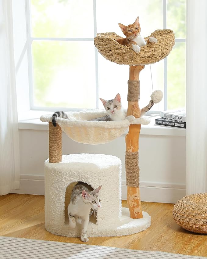 Modern Cat Tree for Large Cats, Wood Cat Tower for Indoor Cats, Real Branch Luxury Cat Furniture with Super Large Cozy Condo and Hammock &amp; Scratching Post, Top Basket, White