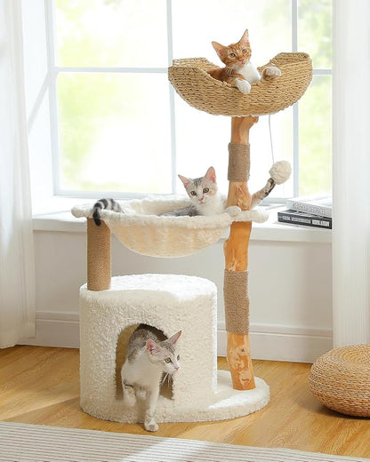 Modern Cat Tree for Large Cats, Wood Cat Tower for Indoor Cats, Real Branch Luxury Cat Furniture with Super Large Cozy Condo and Hammock &amp; Scratching Post, Top Basket, White