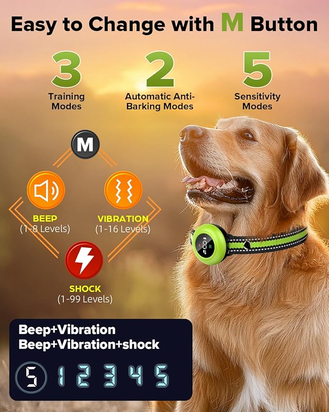 XDX 2-in-1 Dog Shock Collar &amp; Bark Collar – 3300FT Dog Training Collar with Remote, Automatic Anti-Barking, 5 Adjustable Sensitivity Levels, IP67 Waterproof E-Collar for Small Medium Large Dogs